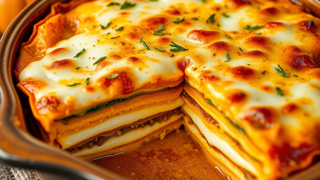 Savory Pumpkin Lasagna with Spinach and Ricotta A slice of Pumpkin Lasagna in a baking dish, featuring layers of pumpkin puree and cheese, garnished with herbs.